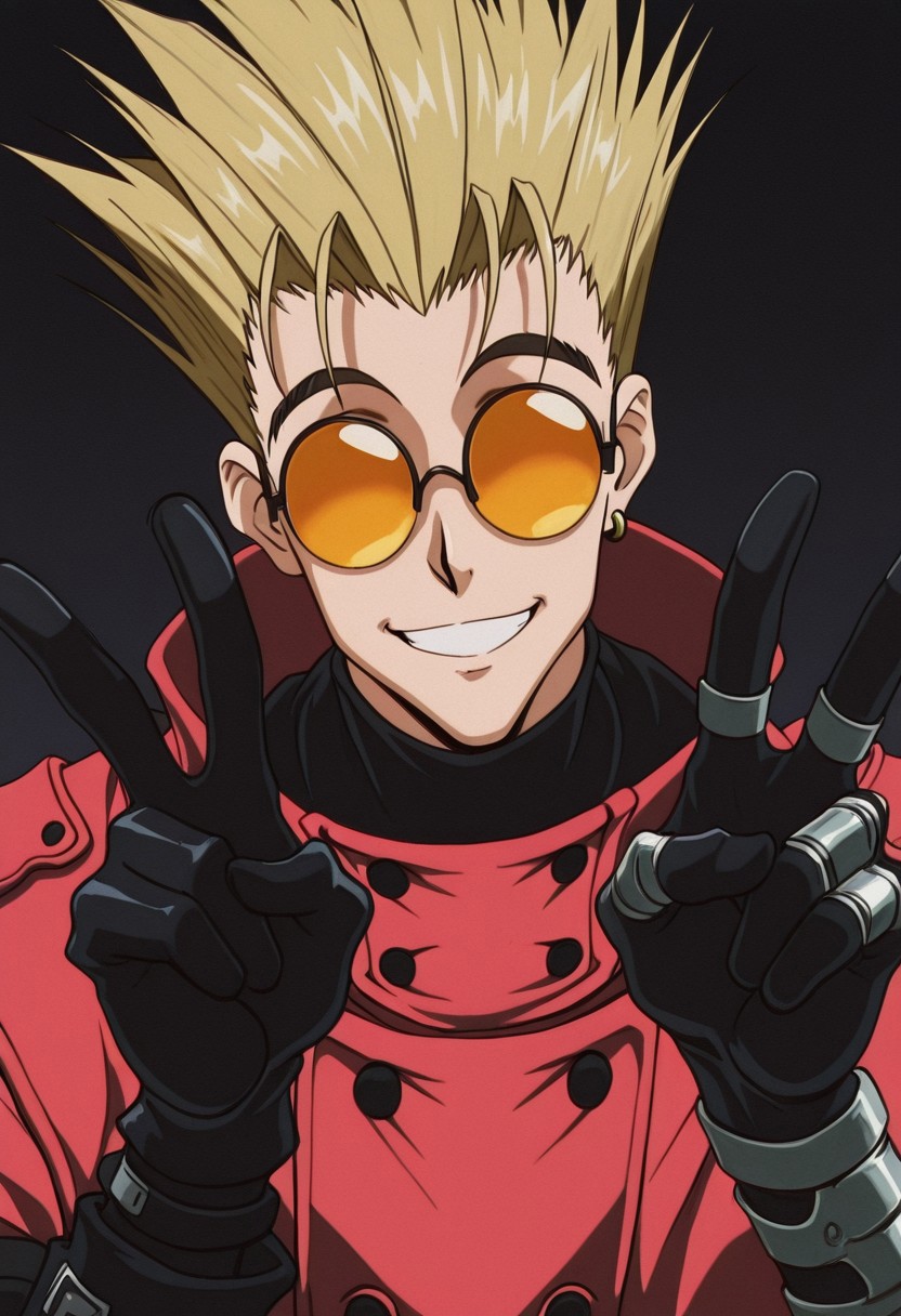 trigunstylev2, amazing quality, best quality, masterpiece, 1boy, Vash the Stampede, orange glasses, covered eyes, V, black gloves, smile, single earring