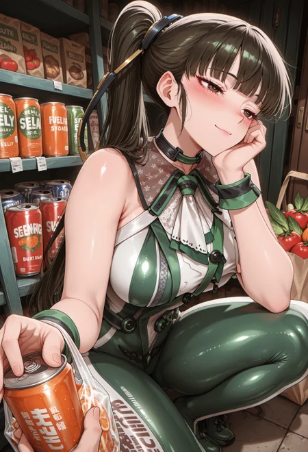 masterpiece, best quality, amazing quality, very aesthetic, absurdres, newest, chromatic aberration, (solo), 1girl, evesb, brown eyes, black hair, ponytail, blunt bangss, ( pink blush:1.3), medium breast, ,,, shiny skin,,, masterpiece, best quality, anime screencap, adult woman, simple anime style, detailed pupils, newest, masterpiece, best quality, amazing quality, in casual clothes sits on the chair, leaning on one hand. In the other hand, she holds a glass with a straw and an orange drink. squatting. She also holds a shopping bag filled with groceries — cans, boxes, tomatoes, and other items. The bag appears full, with a visible receipt sticking out. products fall out of the bag. Background is solid dark green, emphasizing the figure and colorful elements, <lora:detail_slider_v1_000000450:5> <lora:TrendCraft_The_Peoples_Style_Detailer-v1.0A-3_13_2025-illustrious:0.2>