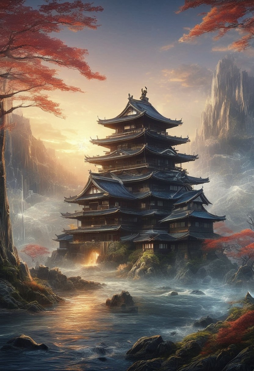 a japanese castle from the edo period in front of the sunset style of Akihiko Yoshida, Cyberspace, glowing magical energy in cyberspace