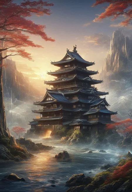 a japanese castle from the edo period in front of the sunset style of Akihiko Yoshida, Cyberspace, glowing magical energy in cyberspace