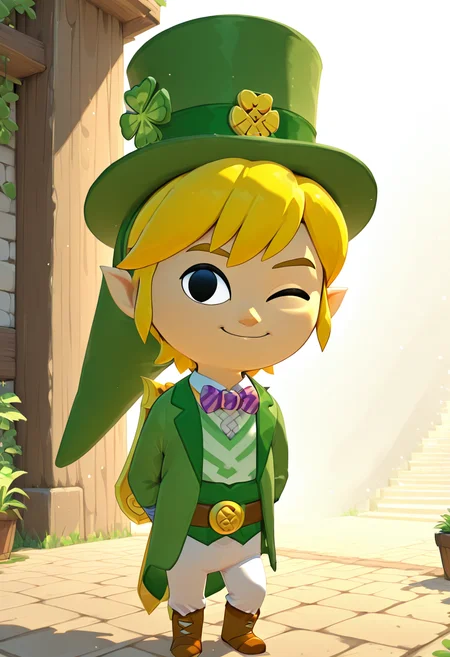 masterpiece, best quality,   ShamrockWorld, solo, smile, blonde hair, 1boy, hat, bow, male focus, one eye closed, pointy ears, striped, bowtie, black eyes, formal, top hat, green headwear, link,   ,<lora:ShamrockWorld_IXL:1.0>,  3d, , <lora:WindWaker_Style_IXL:1.0>,