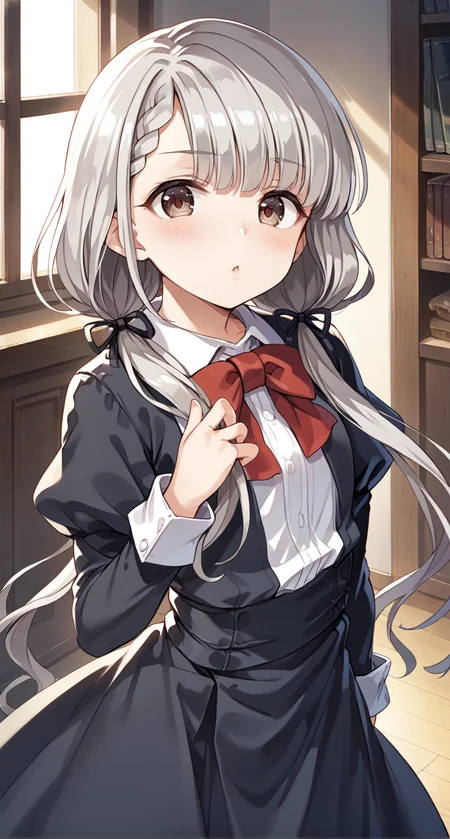 score_9,score_8_up,score_7_up,
official art,official style,game cg,megami magazine,
uncensored,
1girl,
hskwng school,hisakawa nagi,
asymmetrical bangs,bow,bowtie,braid,braided bangs,grey hair,hair ribbon,
juliet sleeves,long hair,long sleeves,puffy sleeves,red bow,red bowtie,ribbon,
twintails,black ribbon,blush,brown eyes,collared shirt,
dress shirt,low twintails,shirt,skirt,white shirt,
black jacket,black skirt,black dress,
dress,
eyebrows visible through hair,
standing,
<lora:idolmaster_hisakawa_nagi_pony_v1:1>,