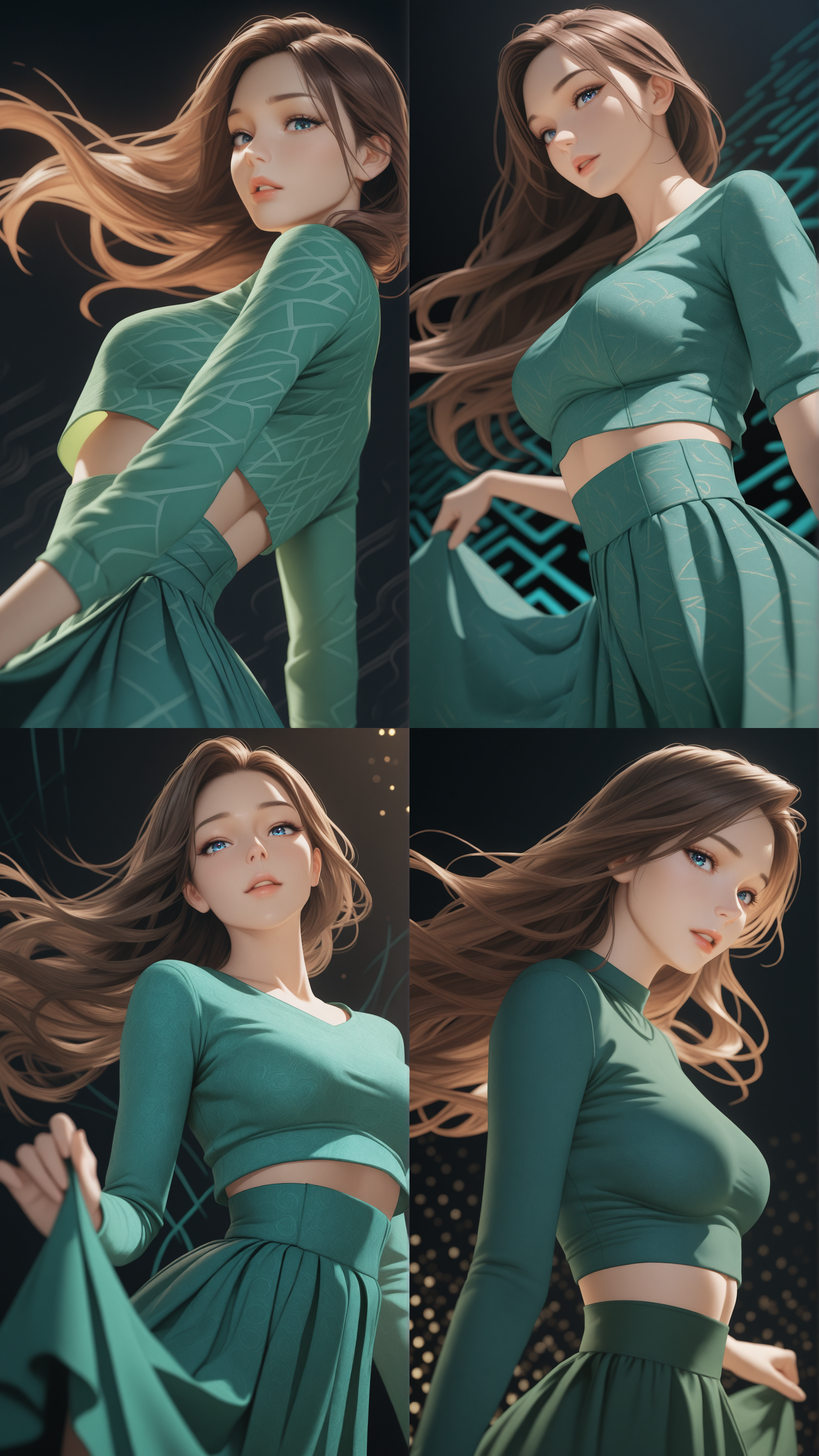 1girl,milf,brown hair,long hair,flowing hair,blue eyes,parted lips,red luminous lips,eyelashes,
available light,golden hour glow,subtle shadows,diagonal shadows, 
depth of field,focused subject,dynamic angle,side view,dutch view, looking at viewer,face focus, dynamic motion, expressive, wearing highwaist skirt, skirt lifted up, crop top, black background,green patterns,abstract_background, tangle background, 
masterpiece,best quality,amazing quality,very aesthetic,absurdres,newest,detailed eyes,
A professional,high-quality,hyper-realistic portrait of a woman, 3D. <lora:IL-OreijLAY:0.7>