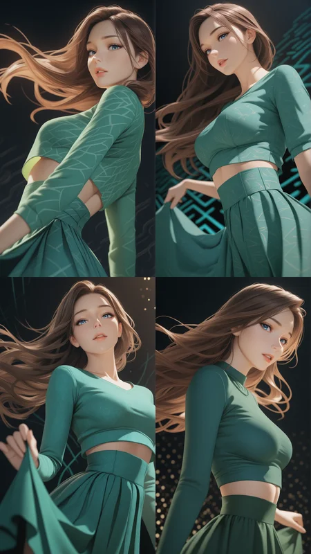 1girl,milf,brown hair,long hair,flowing hair,blue eyes,parted lips,red luminous lips,eyelashes,
available light,golden hour glow,subtle shadows,diagonal shadows,
depth of field,focused subject,dynamic angle,side view,dutch view, looking at viewer,face focus, dynamic motion, expressive, wearing highwaist skirt, skirt lifted up, crop top, black background,green patterns,abstract_background, tangle background,
masterpiece,best quality,amazing quality,very aesthetic,absurdres,newest,detailed eyes,
A professional,high-quality,hyper-realistic portrait of a woman, 3D. <lora:IL-OreijLAY:0.7>