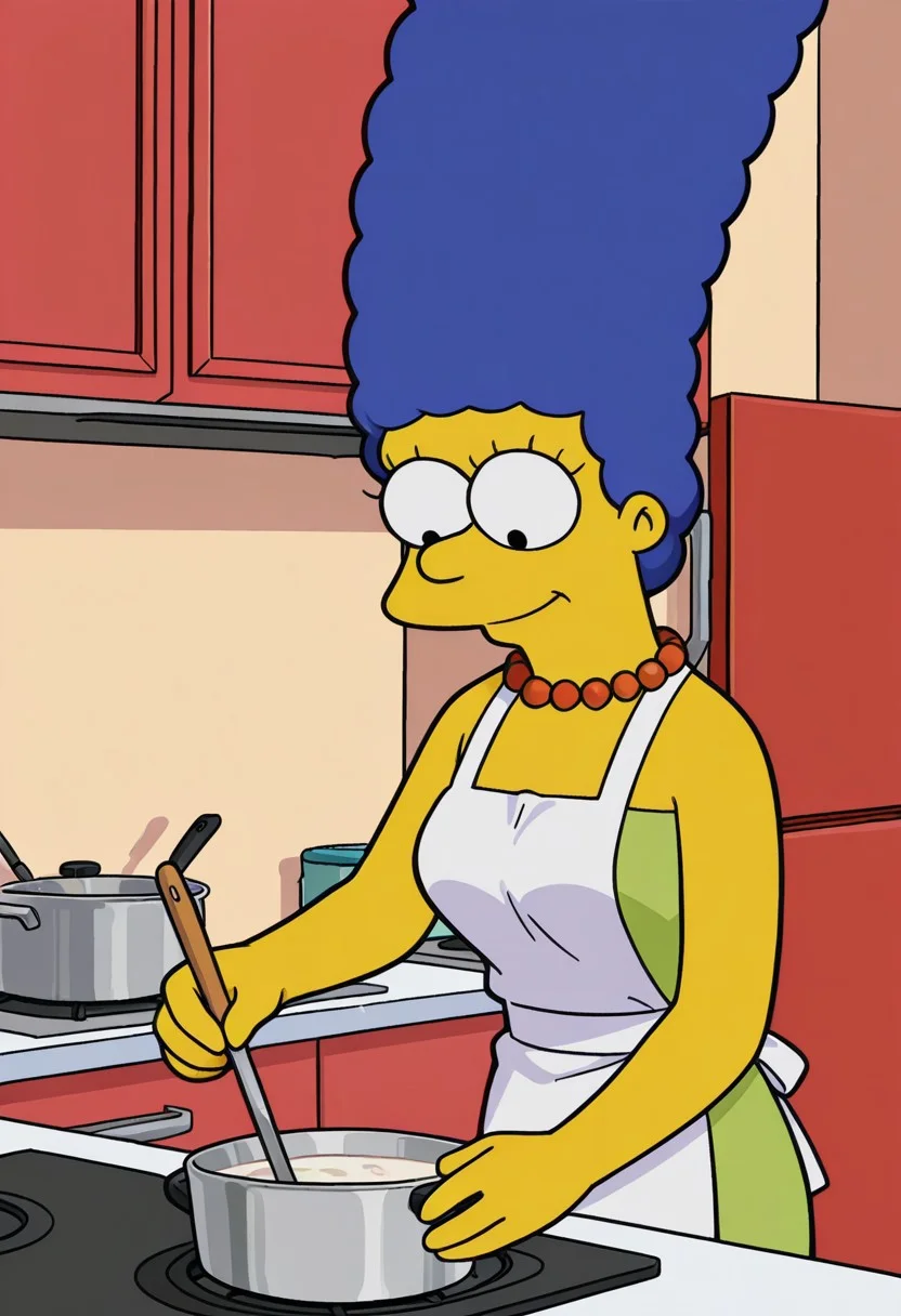 score_9,score_8_up,score_7_up,score_6_up,best quality,masterpiece, 1girl, solo, background is kitchen, cooking, stirring, indoors,
BREAK
margesimpson, yellow skin, blue hair, big beehive hair, black eyes, bare shoulders, green dress, pearl necklace smile, medium breasts, looking down, white apron,