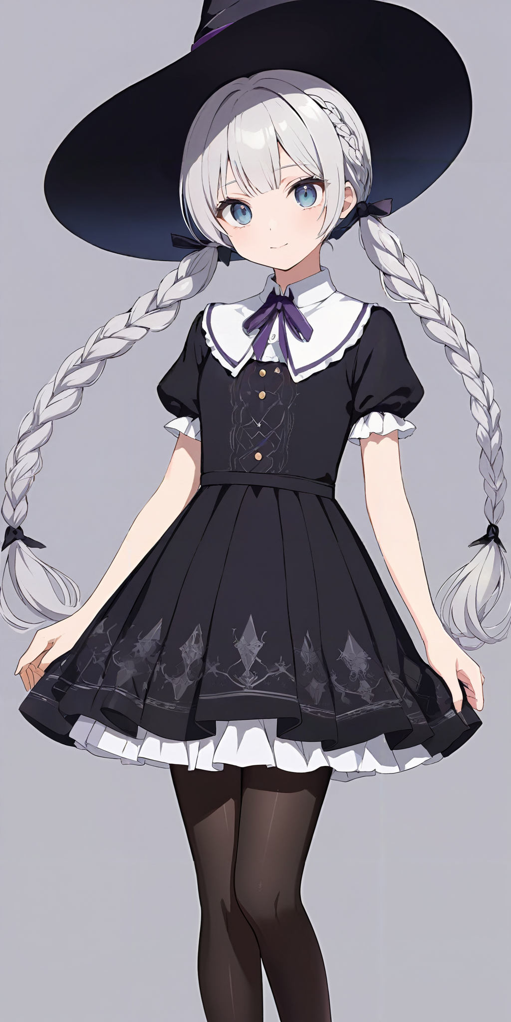 masterpiece,ultra-detailed,best quality,8K,illustration,cute face,clean skin ,shiny hair,girl,ultra-detailed-eyes,simple background, source-anime,<lora:add-detail-xl:1> <lora:braid twintail_XL_V1.0:0.8> braid twintail, <lora:witch_XL_V1.0:0.6> jyojifuku, witch, hat, dress, pantyhose