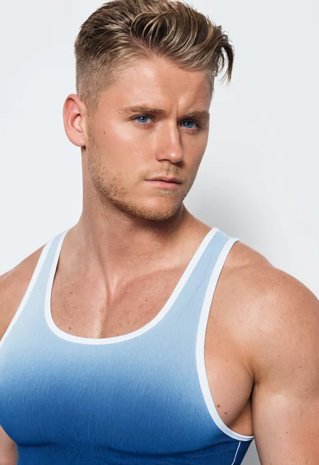 <lora:patrick_henning_sdxl_v2-000006:0.8>, close-up editorial portrait of patrickhenning with a styled undercut hairstyle, wearing a form-fitting blue tank top, standing against a clean white background, neutral facial expression, sharp facial detail, soft gradient lighting, fashion photography aesthetic, photorealistic, high-resolution