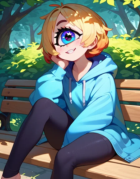zPDXL2, <lora:MonoeyeV1:1>, m0noeye, monoeye, cyclops,
1girl, cute face, detailed eye, starry eye, black sclera, blue hoodie, black toeless leggings, sitting on a bench in a park