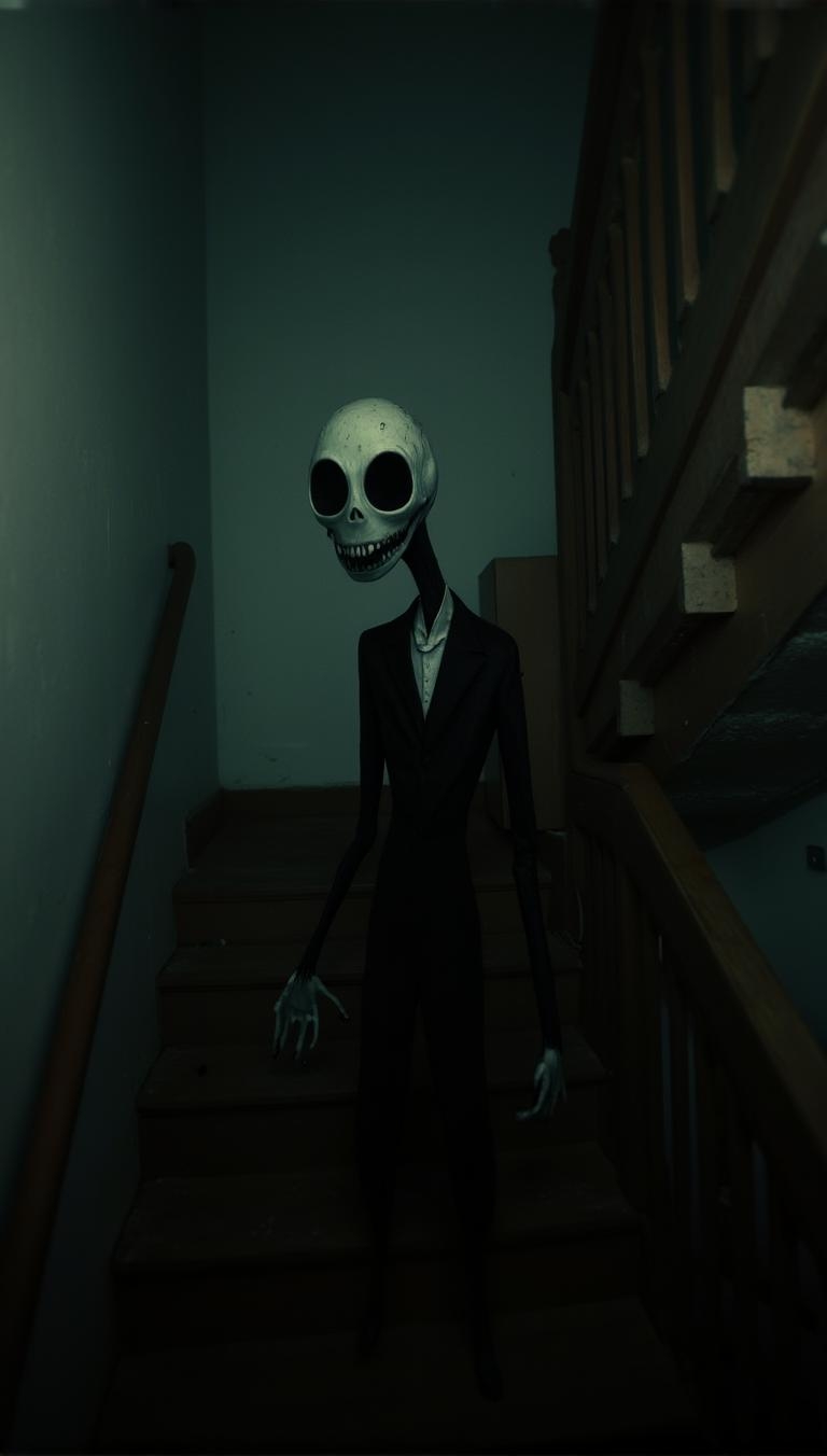 <lora:Green_cuties-000004.safetensors:1> A grainy, poorly lit image captures A Slender Man figurine ascends a dimly lit staircase, its grotesque mask and oversized teeth contrasting starkly with the dark wood and muted green walls. The bright white mask stands out against the eerie backdrop, exuding a horror-genre vibe.