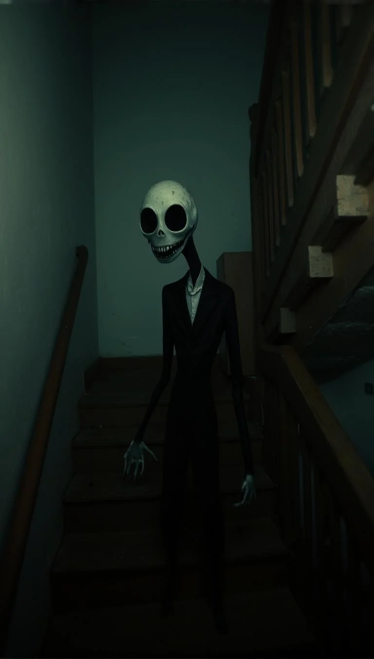 <lora:Green_cuties-000004.safetensors:1> A grainy, poorly lit image captures A Slender Man figurine ascends a dimly lit staircase, its grotesque mask and oversized teeth contrasting starkly with the dark wood and muted green walls. The bright white mask stands out against the eerie backdrop, exuding a horror-genre vibe.