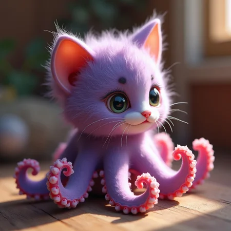 Capture a hyper-realistic photograph of a unique creature, a purple and pink octopus kitten. The body of the creature should be a perfect blend of a fluffy kitten with eight octopus tentacles gracefully extending where the legs would be. The fur of the kitten should seamlessly transition into the smooth, slightly translucent texture of the tentacles. The creature's large, expressive eyes should reflect curiosity, while the tentacles display a soft, playful movement. The scene should be set in a cozy, natural environment, with warm lighting that highlights the intricate details of both fur and tentacles, creating an enchanting yet believable hybrid creature