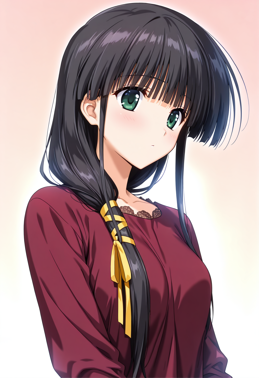 masterpiece, best quality, very aesthetic, absurdres, 1girl, solo,
<lora:hasebe_aya_v01:0.9>, hasebe_aya, aya_casual1, black hair, low-tied long hair, ponytail, hair over shoulder, blunt bangs, sidelocks, green eyes,
yellow hair ribbon, dark red shirt, lace-trimmed shirt, long sleeves, posing, upper body