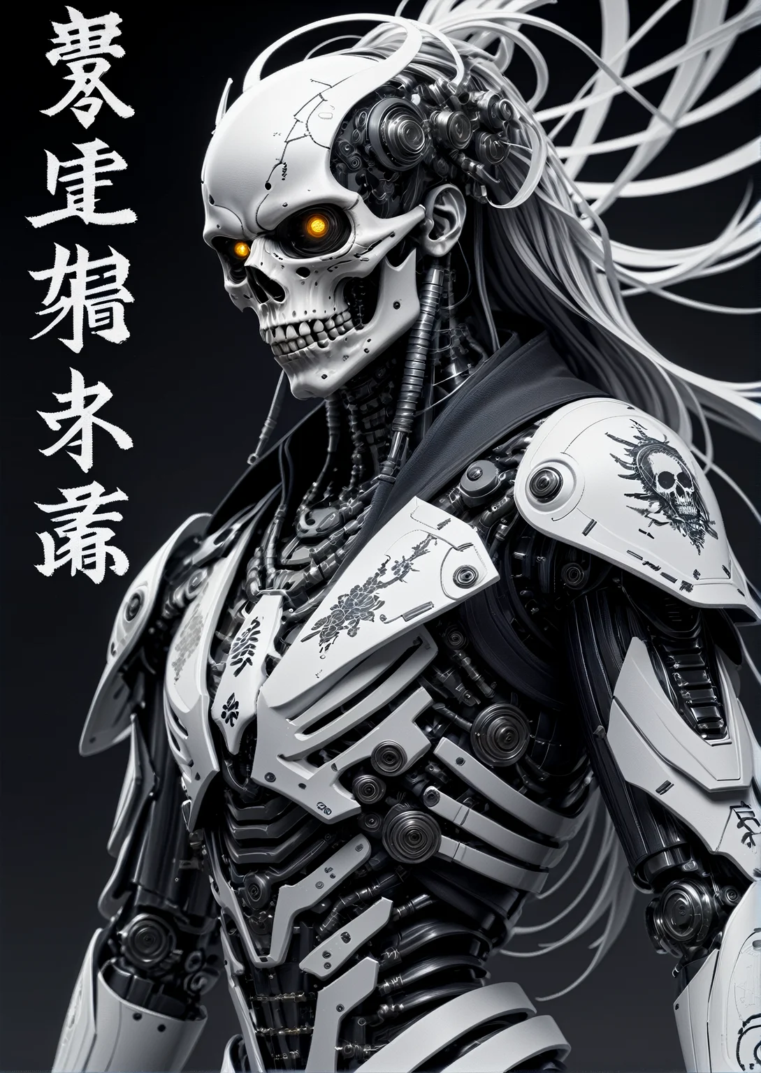 assassinkahb style, a black and white photo of a Cyborg Samurai assassin wearing a high collar motorcycle jacket with Japanese writing on the back, in a fight stance with fists up. Split, solo, simple background, shoulders equipped with wires and nano Future Tech, large sedge hat, 1boy, white background, jacket, monochrome, upper body, greyscale, male focus, long hair in the wind, clothes writing, skull, skeleton, Japanese flag, creating a Synthwave sunrise scene with bleaked dark colorful neon and black details.
Ultra detailed, hyper-realistic, close-up, side portrait, male, Baroque-inspired digital sculpture with an intricately detailed skeletal figure, adorned with swirling gold and silver filigree patterns, creating a sense of luxurious complexity. The dark background provides a stark contrast, highlighting the ornate textures and menacing elegance of the figure, baroque background.
High detail UHD pen and ink art, (Beautiful robot boy:1.2), perfect composition, intricate machinery, precise lines, (sleek metallic surfaces:1.3), elaborate design, detailed structure, (robotic features:1.2), crazy octane rendering, hyper-realistic shadows, dynamic contrast, detailed gears and joints, captured with a high-definition camera and lens for 8k art photography, perfect lighting, trending on ArtStation.
<lora:add-detail-xl:1> <lora:aesthetic_anime_v1s:1>