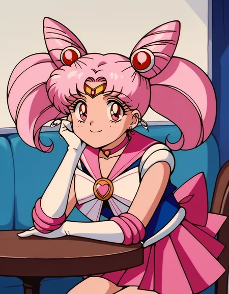 score_9, score_8_up, score_7_up, source_anime, <lora:chibiusa-tsukino-s3-ponyxl-lora-nochekaiser:1>, chibiusa, cone hair bun, double bun, hair bun, hair ornament, pink eyes, pink hair, short hair, twintails, circlet, parted bangs,, bow, brooch, choker, earrings, elbow gloves, gloves, heart, heart brooch, magical girl, pink bow, pink choker, pink sailor collar, pink skirt, pleated skirt, sailor collar, sailor senshi uniform, skirt, stud earrings, white gloves,, indoors, smile, looking at viewer, solo, sitting, head rest, table,, cowboy shot, dutch angle