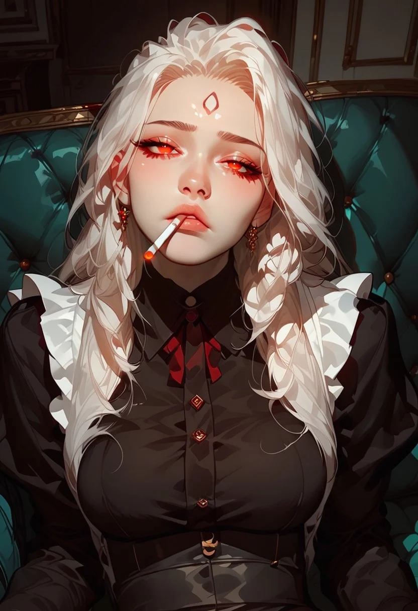 score_9, score_8_up, score_7_up, score_6_up,extreme detail, Masterpiece, Best Quality, beautiful, high res image, Expressiveh,cute face,1girl,
yuyan, white hair, long hair, red eyes, forehead mark, large breasts,maid,thick pantyhose,bored girl,lying on sofa,look at viewer,messy room,modern room,morimee_style,cigarette, smoking, mouth hold,
