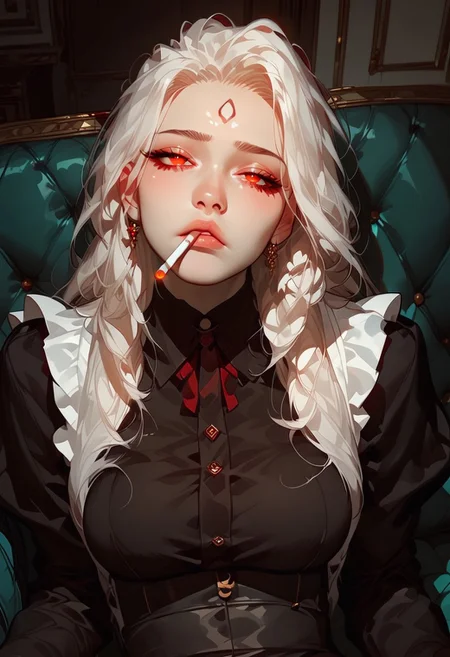 score_9, score_8_up, score_7_up, score_6_up,extreme detail, Masterpiece, Best Quality, beautiful, high res image, Expressiveh，cute face，1girl,
yuyan, white hair, long hair, red eyes, forehead mark, large breasts，maid，thick pantyhose，bored girl，lying on sofa，look at viewer，messy room，modern room，morimee_style，cigarette, smoking, mouth hold,