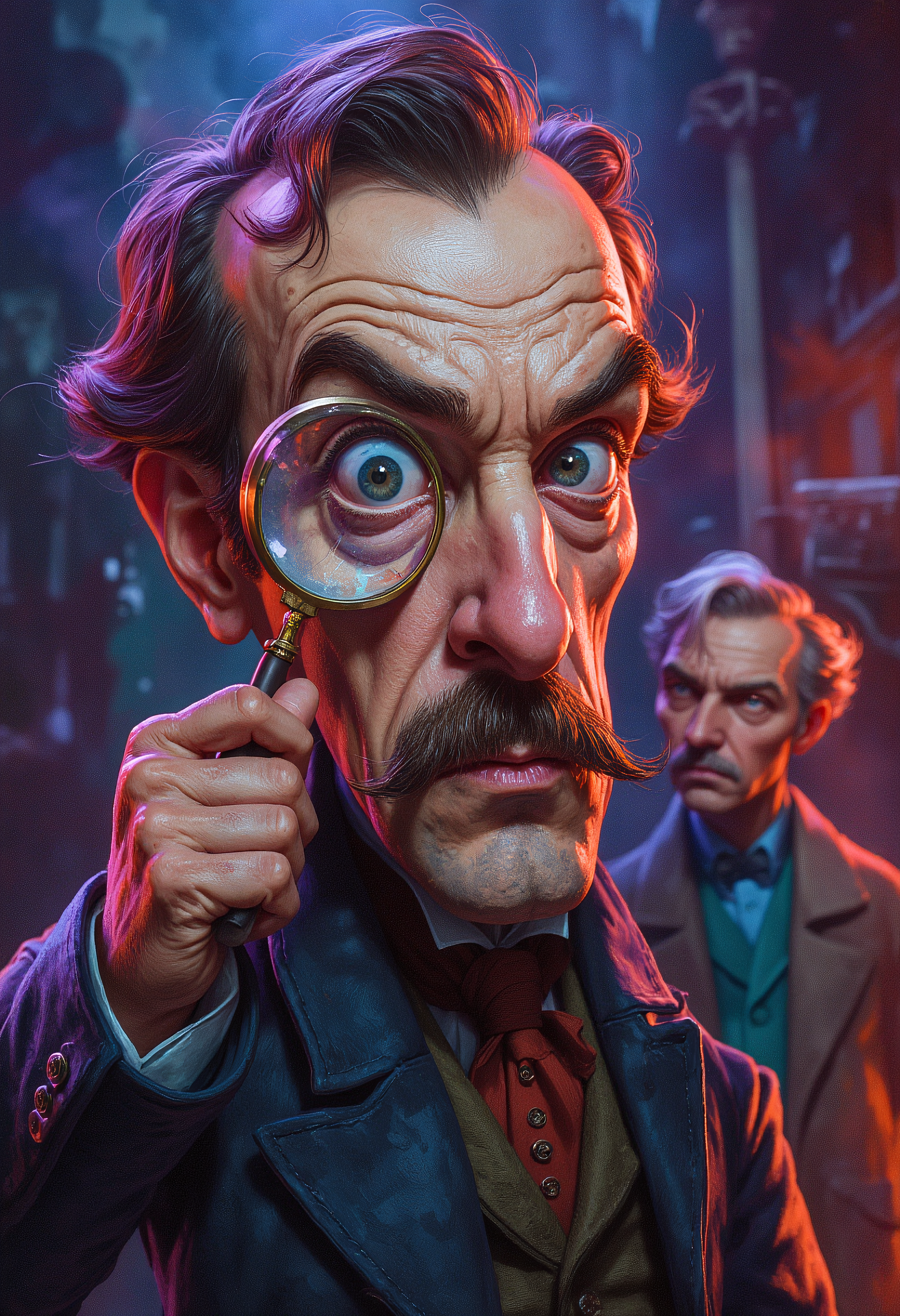 A caricature of Sherlock Holmes and Dr Watson, Holmes in the front looking at viewer through a magnifying glass as Watson stand in the background watching, vibrant glow