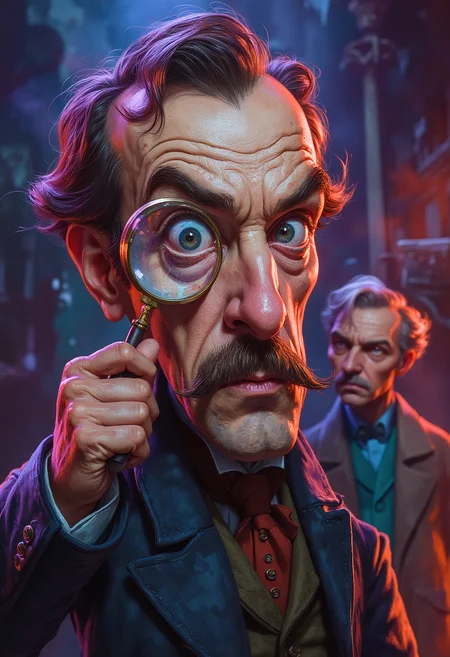 A caricature of Sherlock Holmes and Dr Watson, Holmes in the front looking at viewer through a magnifying glass as Watson stand in the background watching, vibrant glow