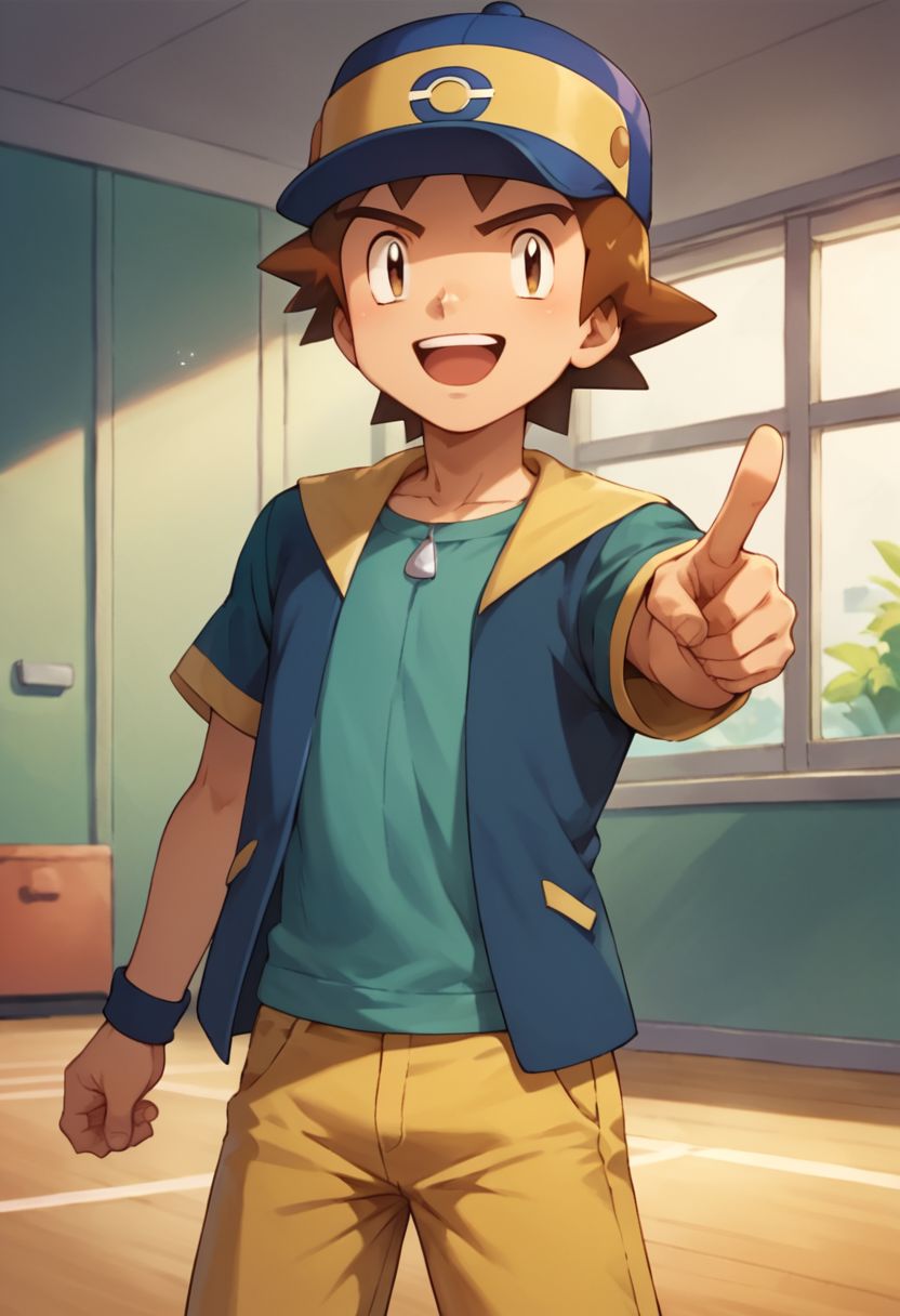 score_9, score_8_up, score_7_up, source_anime, highly detailed, 1boy, solo, male_focus, anime style,
richie_poke, pants, shirt, brown hair, hat, 
indoor, pokemon gym, mouth open, upper teeth only, arm stretched, index pointing,