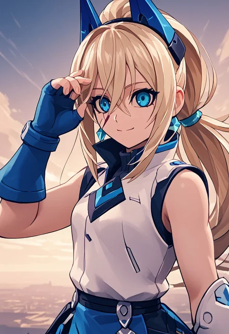 score_4,score_5,score_6,score_7_up,score_8_up,score_9
((masterpiece,best quality,ultra detailed,highres,HD,4k:1.2)),
Azure Striker Gunvolt(Main),shining highlights,
1girl, solo, girl focus,solo focus,face focus,
Blade(No Mask),1 girl, solo, blond hair,long hair, low ponytail, blue eyes, sharp eyes, slanted eyes, hair tube, hair between eyes,facial scar, bangs, headgear,
sleeveless shirt, white shirt, blue gloves, fingerless gloves, blue skirt, turtlneck,
smile,light smile,