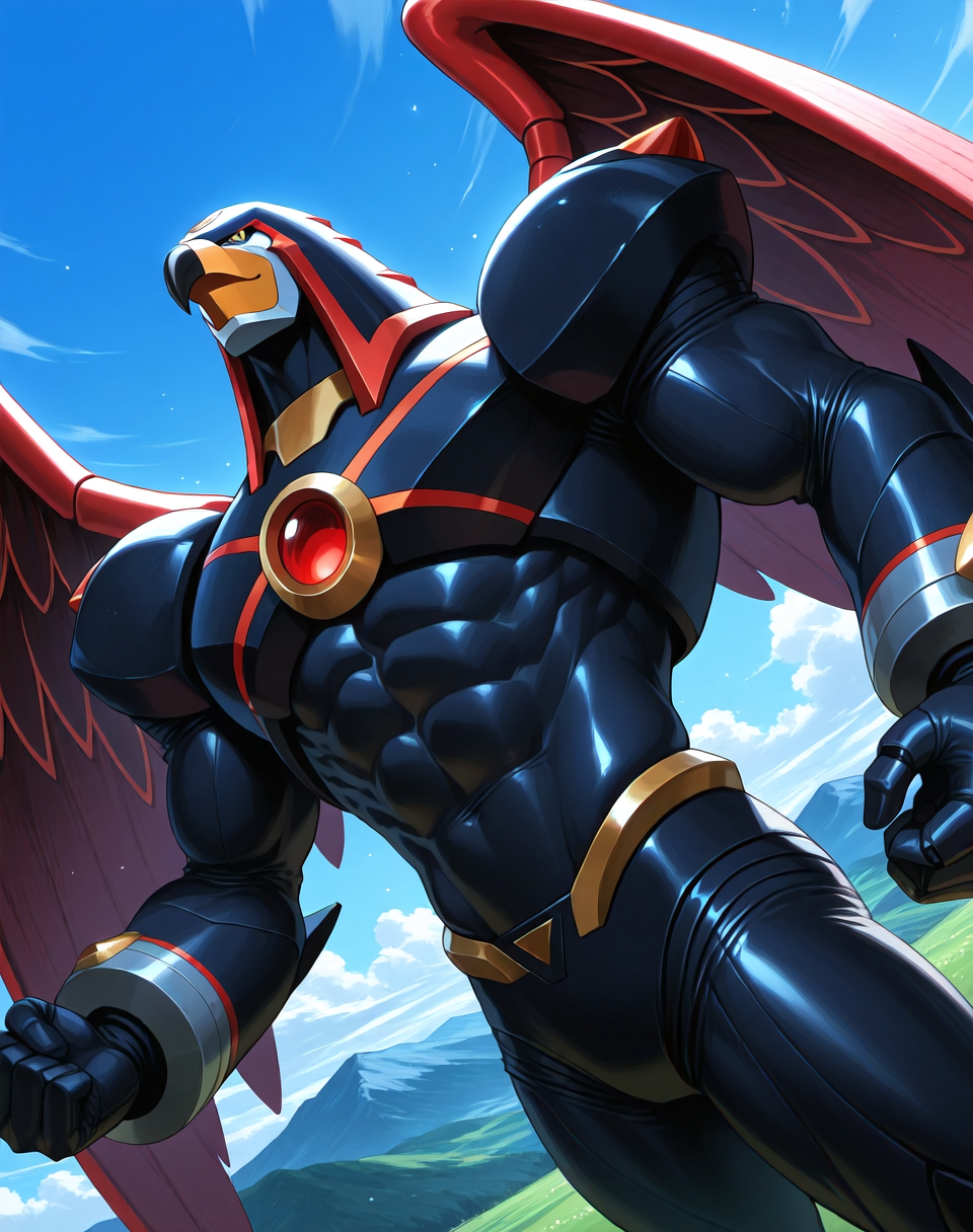 <lora:Flame_Falcon_(Mega_Man_X)_(Illustrious)_(AD):0.85> Flame Falcon, reploid, MMX, 
exterior, blue sky with clouds, mountain valley, grassy valley,
dutch angle, dynamic action, cowboy shot,
male focus, intense shadows, dynamic shadows, intricate details, attention to details, gradient coloring, robot, bright vivid colors, deep metallic colors, glossy metal body, wings, beak, abs, hyper muscular, evil villain, evil smirk, 
BREAK very awa, masterpiece, best quality, amazing quality, very aesthetic, highres, absurdres,
EZRealPONYXL, zPDXL, Smooth Quality, lazynsfw,