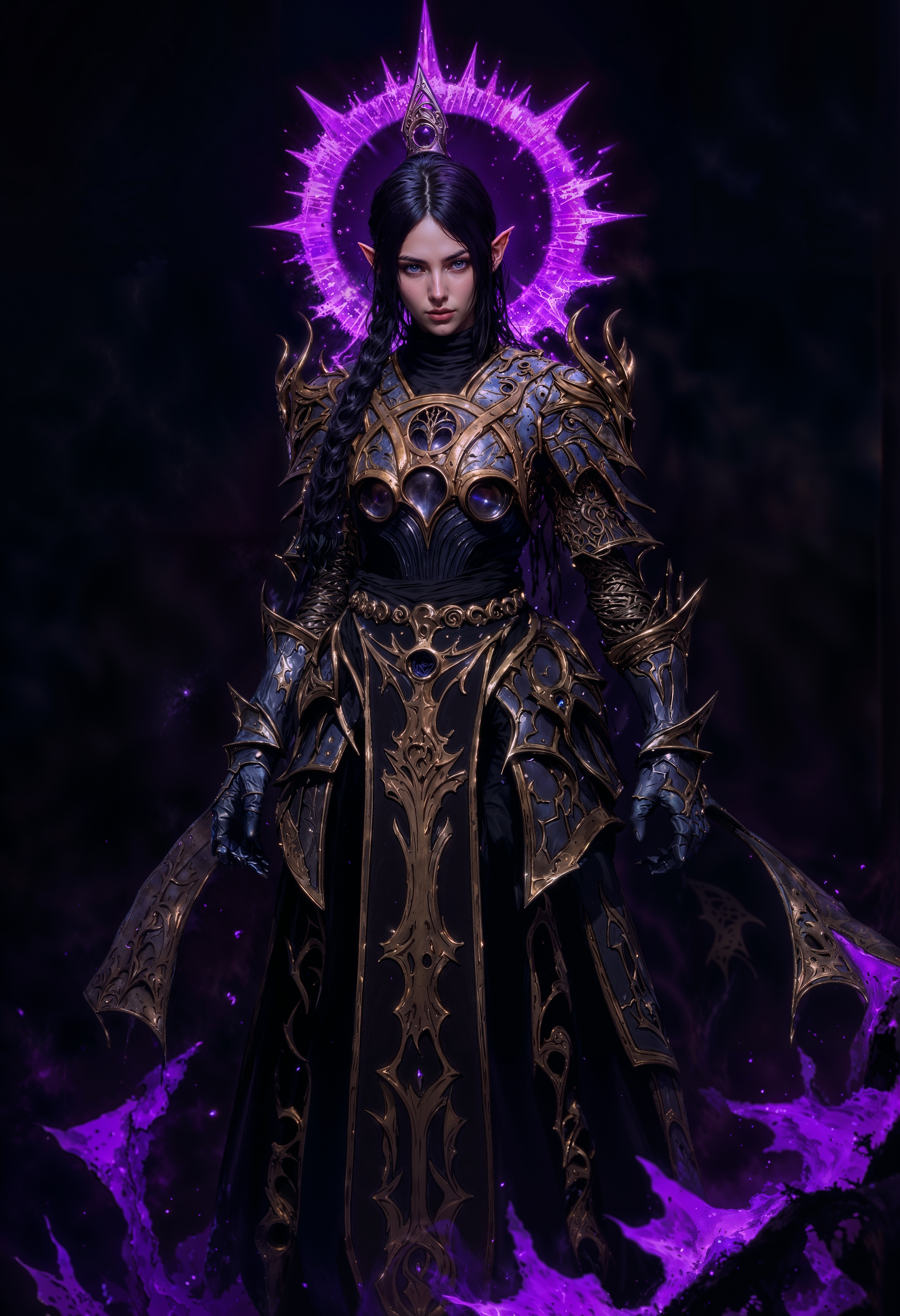 ShadowDJ, a digital fantasy artwork depicting a fantasy character with a dark, mystical theme. The character is a girl with light skin, sharp facial features, and long, braided dark hair. She is wearing an elaborate, dark armored outfit with intricate patterns and glowing purple accents. The armor includes a chest plate, shoulder guards, and a flowing skirt-like extension with geometric designs. The character is surrounded by a glowing purple halo, adding a magical aura to the scene. The background is a deep, dark shade, enhancing the ethereal and enigmatic atmosphere of the artwork. The character's expression is confident and slightly aloof, with a slight smirk on her face. The overall composition is centered, with the character standing upright, exuding a sense of power and mystery. oil-painting, romanticism, painting, elegance, opulence, beautiful, painterly, detailed, textural, artistic, aesthetic, intricate details, highly detailed, vivid, vibrant, mythp0rt, DB4RZ, DB4RZ style painting <lora:FluxShadowDJV1:0.9> <lora:FLUX-daubrez-DB4RZ-v2:0.5> <lora:FluxMythP0rtr4itStyle:0.7> <lora:Elden_Ring_-_Yoshitaka_Amano:0.7> <lora:flux.1_lora_flyway_Epic-detail_v2:0.65> <lora:DarkCore:0.7>