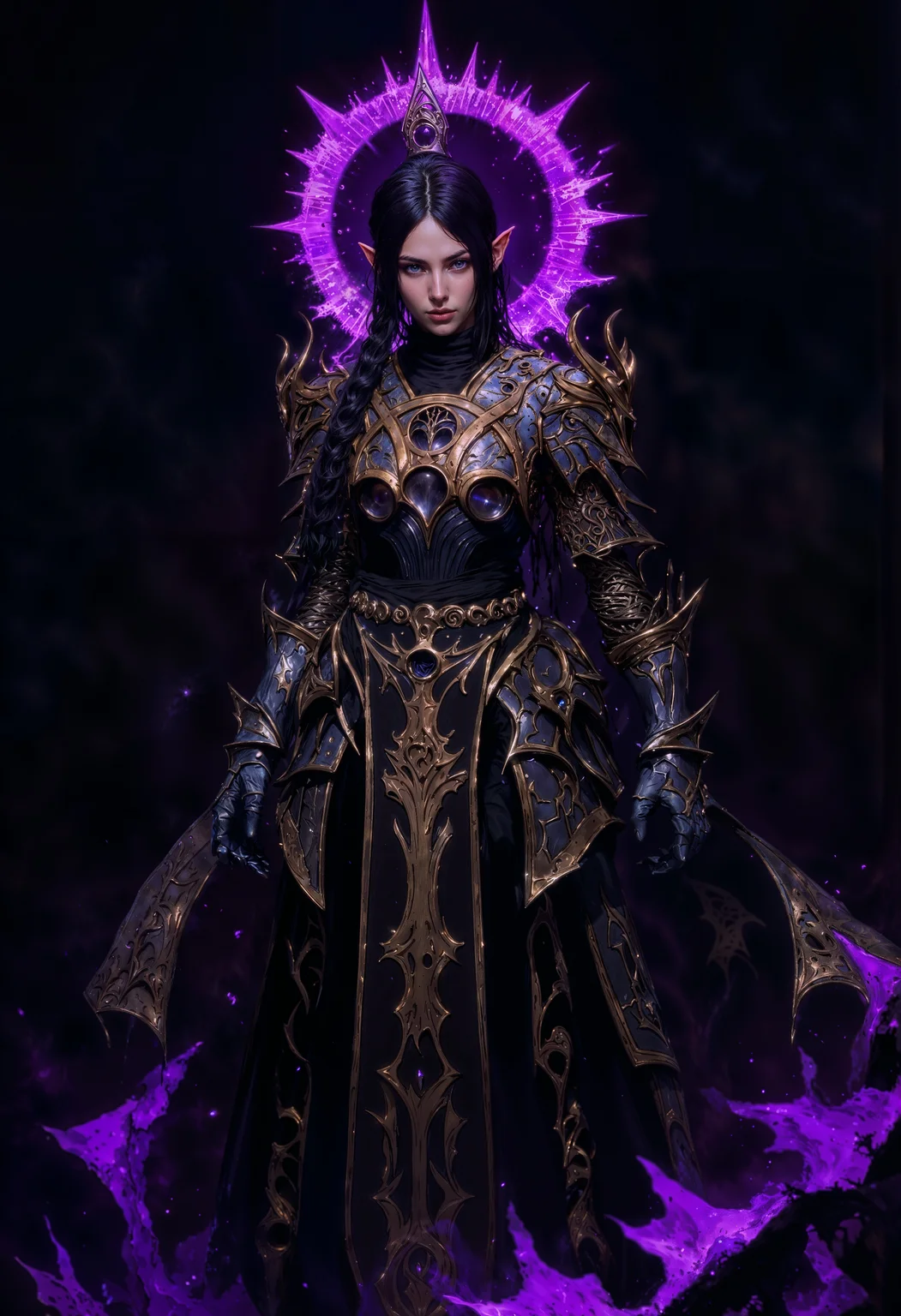 ShadowDJ, a digital fantasy artwork depicting a fantasy character with a dark, mystical theme. The character is a girl with light skin, sharp facial features, and long, braided dark hair. She is wearing an elaborate, dark armored outfit with intricate patterns and glowing purple accents. The armor includes a chest plate, shoulder guards, and a flowing skirt-like extension with geometric designs. The character is surrounded by a glowing purple halo, adding a magical aura to the scene. The background is a deep, dark shade, enhancing the ethereal and enigmatic atmosphere of the artwork. The character's expression is confident and slightly aloof, with a slight smirk on her face. The overall composition is centered, with the character standing upright, exuding a sense of power and mystery. oil-painting, romanticism, painting, elegance, opulence, beautiful, painterly, detailed, textural, artistic, aesthetic, intricate details, highly detailed, vivid, vibrant, mythp0rt, DB4RZ, DB4RZ style painting <lora:FluxShadowDJV1:0.9> <lora:FLUX-daubrez-DB4RZ-v2:0.5> <lora:FluxMythP0rtr4itStyle:0.7> <lora:Elden_Ring_-_Yoshitaka_Amano:0.7> <lora:flux.1_lora_flyway_Epic-detail_v2:0.65> <lora:DarkCore:0.7>