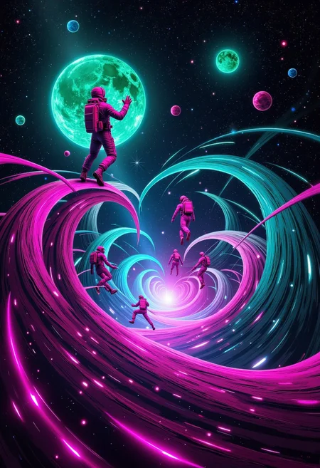 A surreal scene shows an astronaut in mid-flight, quantum leaping through space. The figure is distorted, with multiple versions of the astronaut emerging from different points in space, each caught in various stages of their jump. Some versions of the astronaut are standing on the rings of a nearby planet, while others float in a burst of cosmic energy trails. Each figure has a different vibrant hue, shifting between neon pinks, greens, and electric blues. The scene is filled with swirling time distortion waves, where stars and galaxies twist and stretch around them, creating a trippy, multidimensional effect. The cosmos seems to ripple with the chaos of time travel, and the astronaut's reflection in their helmet shows the disorienting shifts of reality.