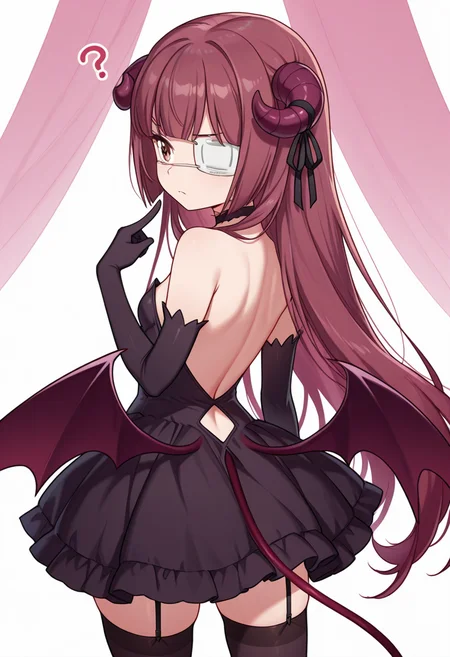 Smooth Quality,masterpiece,very intricate, high quality details, ultra realistic, high detailed skin,detailed enviorement,absurdres,
pointing at self,
<lora:Hanazono_Yurine_CNR:0.8> yurine_cnr, brown hair,very long hair, brown eyes, medical eyepatch, frown,
yurine_succubus_cnr, demon girl, curled horns, demon wings, low wings, demon tail, navel cutout, black dress, strapless dress, elbow gloves,black thighhighs, garter straps,black choker, hair ribbon, simple background, white background, from behind,solo,, confused,