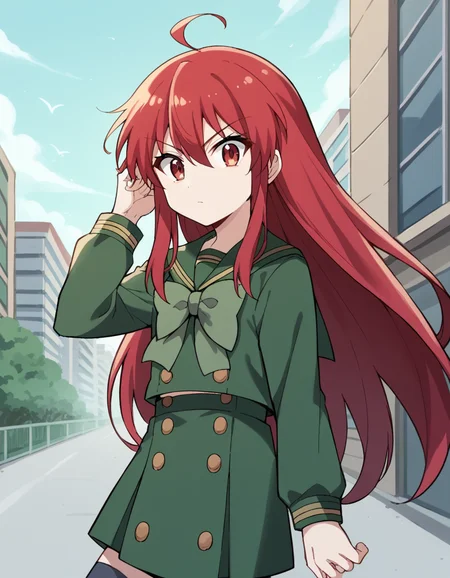 score_9, score_8_up, score_7_up, source_anime, <lora:shakugan-no-shana-s3-ponyxl-lora-nochekaiser:1>, shana, long hair, red hair, red eyes, ahoge, sidelocks,, school uniform, serafuku, green serafuku, bowtie, green bowtie, green shirt, green sailor collar, long sleeves, green skirt, buttons, thighhighs,, Man-made, architecture, structures, civilization, urban, , <lora:tucking-hair-ponyxl-lora-nochekaiser:1>, tucking hair, adjusting hair, hand on own hair, hair behind ear,, looking at viewer, solo,, dutch angle, cowboy shot