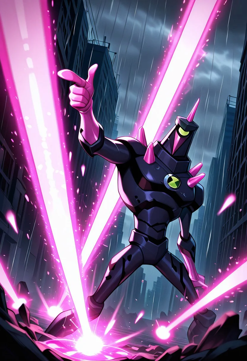 masterpiece, best quality, amazing quality, very aesthetic, absurdres, newest,
, chromastone, no humans, solo, single pink horn, one-eyed, green eye, pink spikes, glowing, dark armor, , pink hands, pink face mask
leaning back, floating particles, beameffect, pink laser, dark city, rain, heavy rain, grey sky, gloomy night, danmaku, finger gun, shooting beam,