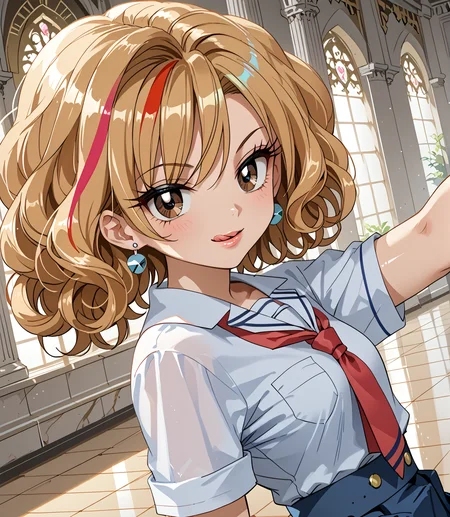 PonyScores7, source_anime, ah1,  <lora:natsumi_style:1>, BREAK  <lora:Kotobuki_Ran_r2:0.8> kotobukiran, 1girl, (curly hair), gyaru, kogal, school uniform, skirt, blonde, bangle, brown eyes, earrings, jewelry, multicolored hair, red hair lock, streaked hair, (licking lips), (practicing gymnastics,floor exercise), (Palace Building), looking at viewer, BREAK <lora:xl_more_art-full_v1:0.2>, <lora:shinyskin2:0.2> glistening skin, <lora:aesthetic_anime_v1s:0.2>, <lora:Expressive_H:0.2> Expressiveh, <lora:hairdetailpxl:0.2> hairdetailpxl, <lora:EpicF4nta5yXL:0.2>, <lora:detailxl:0.2> detailxl, <lora:Fant5yP0ny:0.2>, best quality, amazing quality, best aesthetic, absurdres, <lora:expressive eyes:0.2> expressive eyes, <lora:eyedetailpxl:0.2> eyedetailpxl, illustration, Volumetric_Lighting, ultra-detailed, very aesthetic, intricate details, 8k, masterpiece, best_quality, BREAK (Eye-level angle (from behind) view Extreme Close shot (focus on waist)), BREAK <lora:Eyes_High_Definition:0.3> EyesHD, Stable_Yogis_PDXL_Positives, AS-Adult, <lora:Complicated fantasy portrait - XL Pony V2.0:0.4>, bad-hands-5,