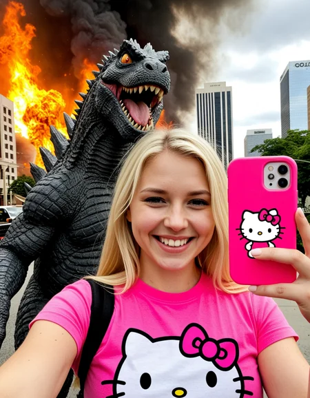 a beautiful blonde girl smiling and taking a selfie with an iphone, dressed with a hello kitty pink t-shirt, (while Godzilla is destroying a city:1.2), rubbles, fire, masterpiece, biggest quality