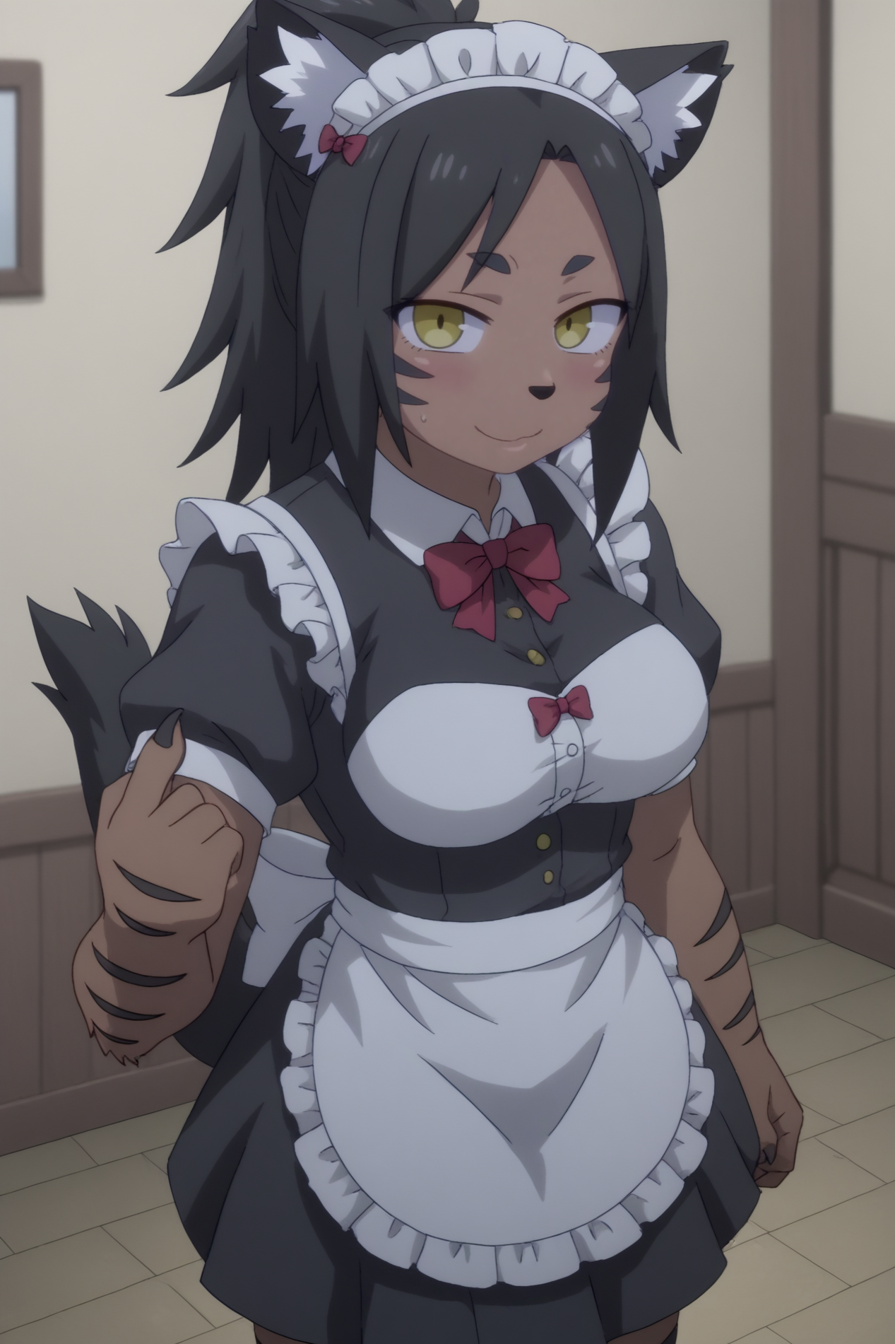 MeowGirlA, smile, anime coloring,  rating_all, indoors, Maid Outfit <lora:Ishuzoku_Reviewers-MeowGirlA-PDXL:0.8>