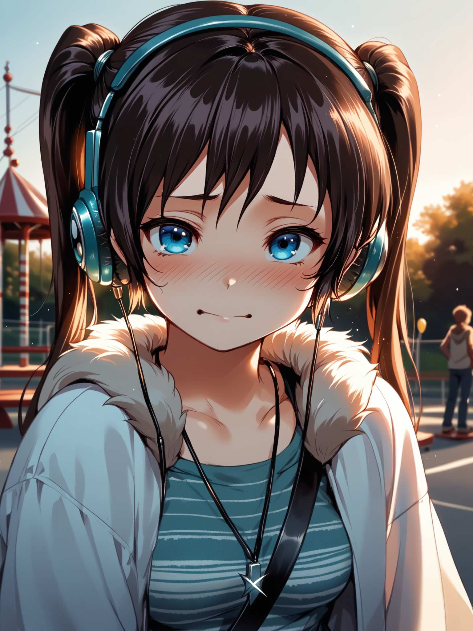 (solo focus, cowboy shot:1.2) <lora:happy_tentacle-mayu-v0.1-000033:1>, ht_mayu, headphones, blue eyes, medium breasts (petite:1.2), <lora:Shed_The_Skin's StS_age_slider_v1_initial_release:-1.25> ( (fur trim :1.1) :1.1) jewelry, necklace, earrings, bracelet ( ( head tilt :0.8) , , (embarrassed :1.2) , seductive smile , (looking at another:1.2) :1) , outdoors, vegetation, ( :1.1), spring \(season\) , (dusk :0.6), (cloudy sky:0.6) , (:0.5), , (gothic architecture :0.8), (playground:1.2), park, (horizontal bar, slide, seesaw, swing set, playing:0.6), ( :0.8) score_9, score_8_up, score_7_up, score_6_up, score_5_up, score_4_up, ( [(realistic, photorealistic:1.3):(realistic:1.3):20] [(3d:1.2)::14] :1) <lora:LUUNA's Lunas-NijiJourney-SDXL-B2:0.35>, nijijourney <lora:prgfrg23's Counterfeit-V3.0 Style SDXL_LoRA_Pony Diffusion V6 XL:0.5> <lora:mfcg's mfcgXL:0.12> <lora:reweik's gyokai(himehajime)_PonyXL_style_v01:0.14>