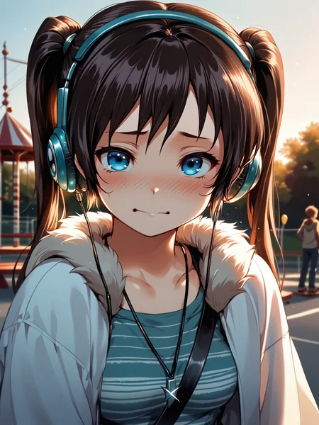 (solo focus, cowboy shot:1.2) <lora:happy_tentacle-mayu-v0.1-000033:1>, ht_mayu, headphones, blue eyes, medium breasts (petite:1.2), <lora:Shed_The_Skin's StS_age_slider_v1_initial_release:-1.25> ( (fur trim :1.1) :1.1) jewelry, necklace, earrings, bracelet ( ( head tilt :0.8) , , (embarrassed :1.2) , seductive smile , (looking at another:1.2) :1) , outdoors, vegetation, ( :1.1), spring \(season\) , (dusk :0.6), (cloudy sky:0.6) , (:0.5), , (gothic architecture :0.8), (playground:1.2), park, (horizontal bar, slide, seesaw, swing set, playing:0.6), ( :0.8) score_9, score_8_up, score_7_up, score_6_up, score_5_up, score_4_up, ( [(realistic, photorealistic:1.3):(realistic:1.3):20] [(3d:1.2)::14] :1) <lora:LUUNA's Lunas-NijiJourney-SDXL-B2:0.35>, nijijourney <lora:prgfrg23's Counterfeit-V3.0 Style SDXL_LoRA_Pony Diffusion V6 XL:0.5> <lora:mfcg's mfcgXL:0.12> <lora:reweik's gyokai(himehajime)_PonyXL_style_v01:0.14>