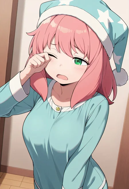 masterpiece,best quality,amazing quality, anya forger, pink hair, green eyes, aged up, medium hair, 1girl, pajamas, solo, one eye closed, hat, rubbing eyes, open mouth, long sleeves, star print, blue headwear