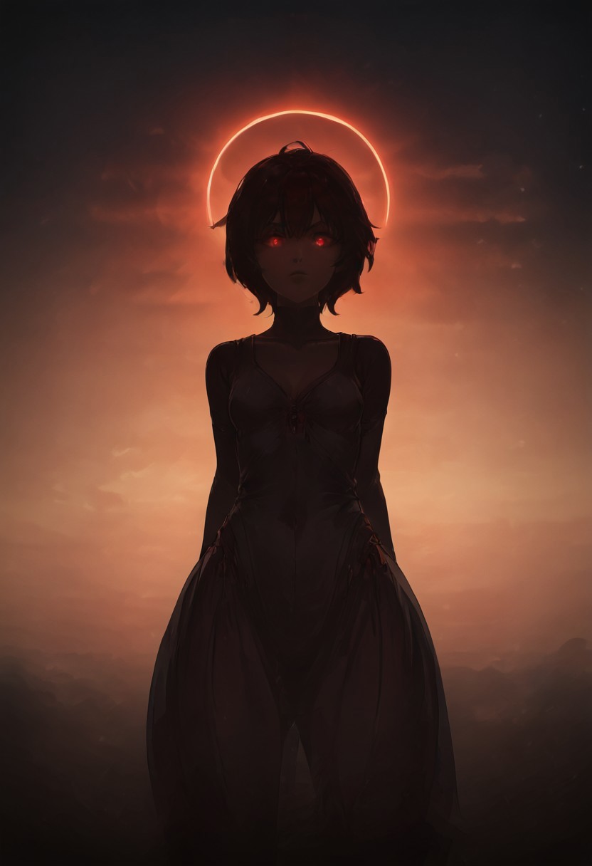 SFW, rating_all, score_10, score_8_up, score_7_up, beautiful, realistic, detailed, perfect, quality, vector, flat colors, masterpiece, wton, solo, ((1female, clothed, human)), (((woman standing over viewer))), SFRBaaki, shadowy figure, shadow face, shadow, dark, ((red glowing eyes)), no pupils, silhouette, folded arms, giant perspective, looking down at viewer, female's head eclipsing the sun, total eclipse, bright sun, mega size, sky, clouds, perspective, foreshortening,