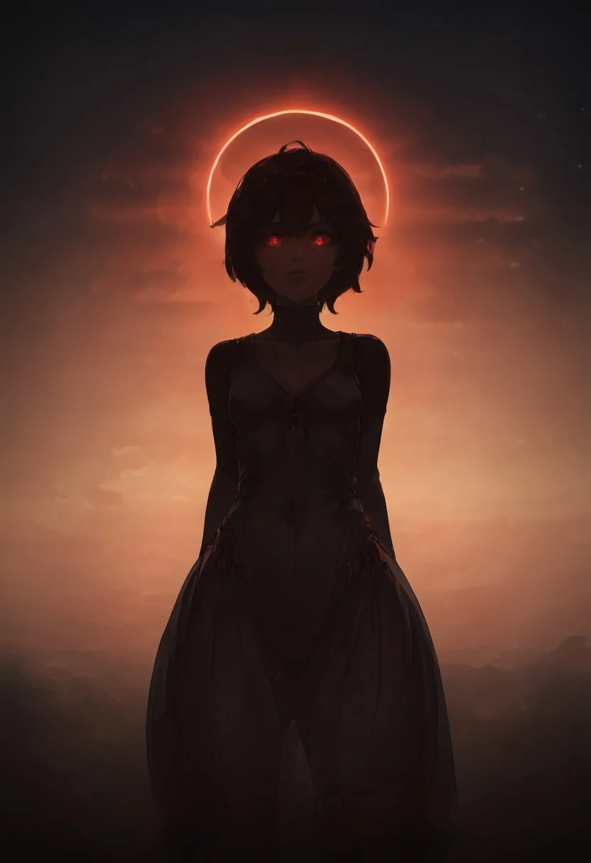 SFW, rating_all, score_10, score_8_up, score_7_up, beautiful, realistic, detailed, perfect, quality, vector, flat colors, masterpiece, wton, solo, ((1female, clothed, human)), (((woman standing over viewer))), SFRBaaki, shadowy figure, shadow face, shadow, dark, ((red glowing eyes)), no pupils, silhouette, folded arms, giant perspective, looking down at viewer, female's head eclipsing the sun, total eclipse, bright sun, mega size, sky, clouds, perspective, foreshortening,