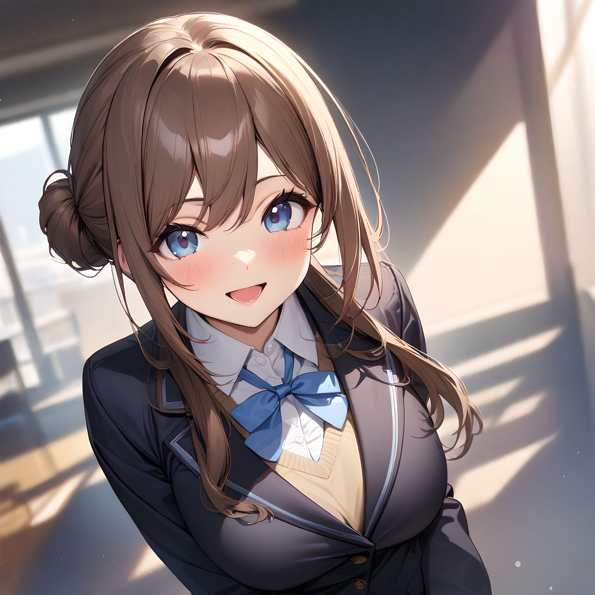 (masterpiece),(best quality),(ultra-detailed),(best illustration),(best shadow),(absurdres),(detailed background),(very aesthetic),  himesaki_rinami, 1girl, solo, jacket, breasts, blue eyes, school uniform, large breasts, looking at viewer, open mouth, long hair, shirt, brown hair, school background, blazer, smile, side hair bun,  <lora:XL-HimesakiRinami:1>