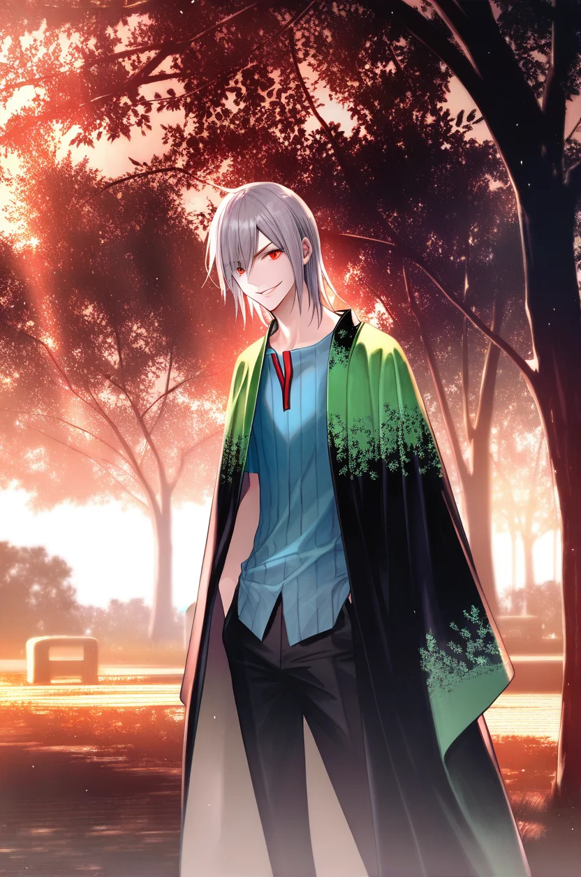 artist:gomzi,artist:wanke,artist:diyokama, rei_(sanbonzakura),[[artist:fuzichoco]],year 2023, 
solo, 1boy, male focus,
naoya \(devil survivor\), red eyes, grey hair, short hair,
blue sweater, pinstripe sweater, v-neck, two-tone coat, black coat, green coat, coat on shoulder,
black pants,
park, evil smile, <lora:ds_majorcharacters.ilxl:0.8>