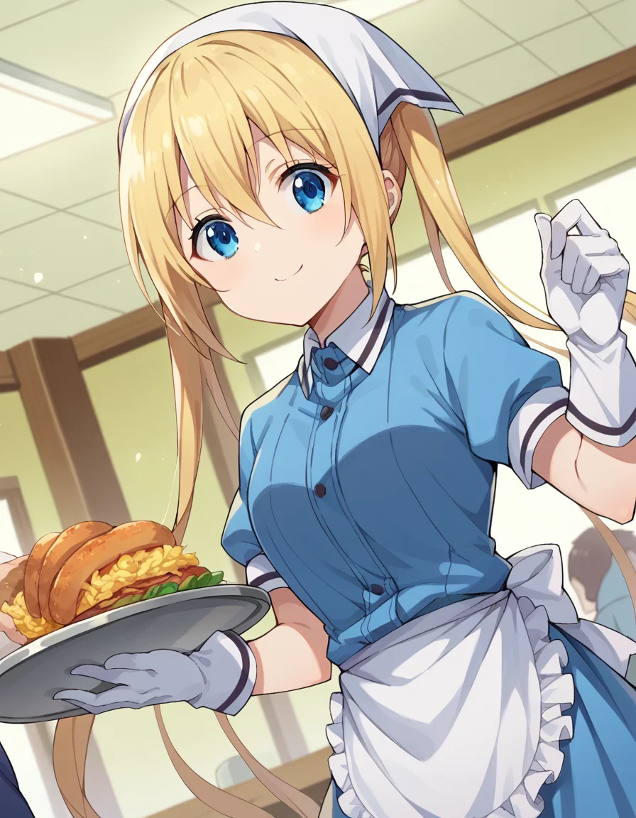 score_9, score_8_up, score_7_up, source_anime,
kahohinata, <lora:kaho-hinata-ponyxl-lora-nochekaiser:1>,
kaho hinata, blonde hair, blue eyes, hair between eyes, long hair, sidelocks, twintails, smile,
apron, blue shirt, blue skirt, frilled apron, frills, gloves, head scarf, shirt, short sleeves, skirt, uniform, waist apron, waitress, white apron, white gloves, food, tray, food tray,
indoors, restaurant,
looking at viewer, dutch angle, cowboy shot, dynamic pose,