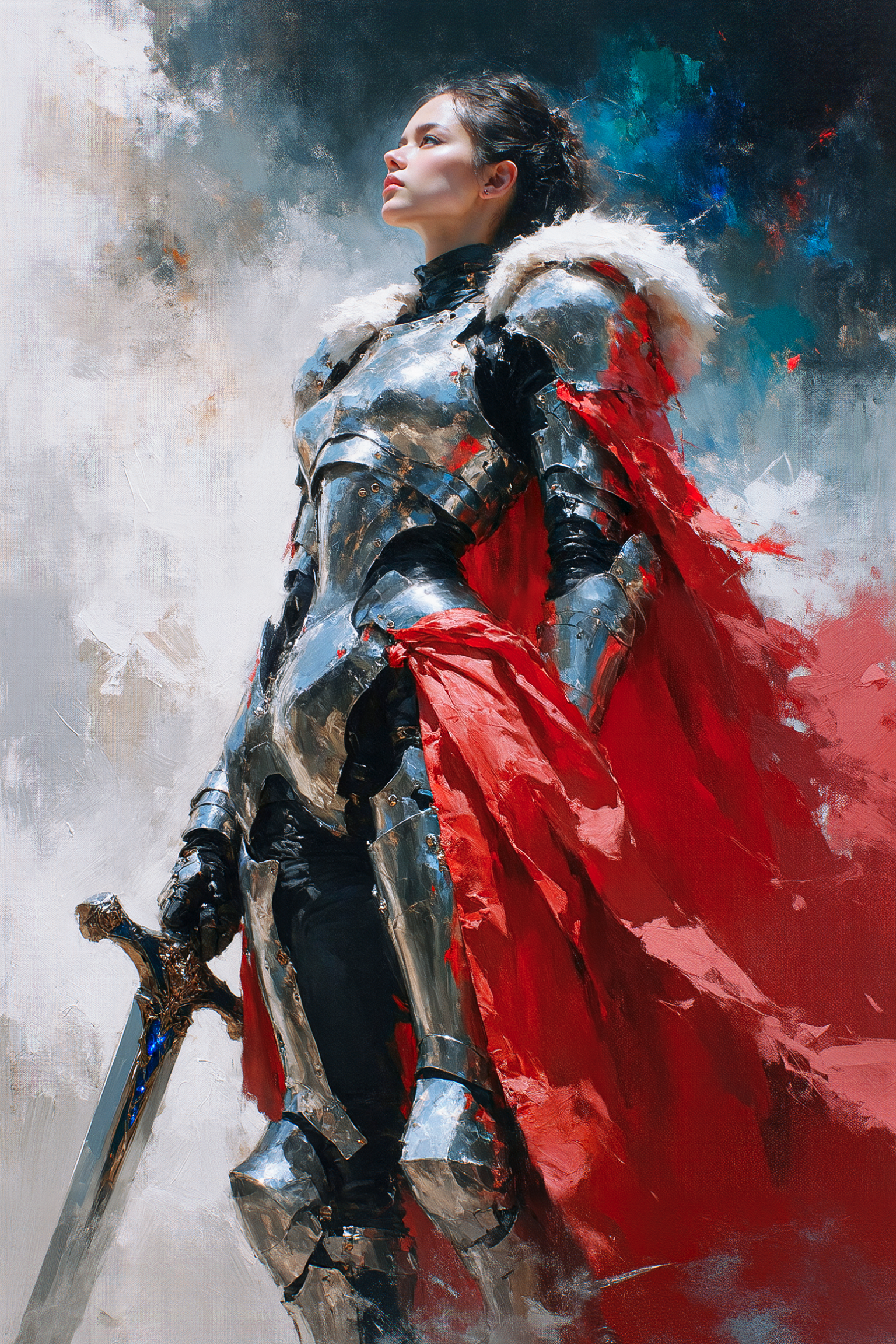 art by greg manchess, huang guangjian, gil elvgren and Chuah Thean Teng, digital art, In a world where armor is not your average thing, a woman dressed in sleek silver and black leather stands tall, gazing intently into the distance. Her eyes are fixed on the canvas as she gazes out at the vast expanse of space, her fur bristling with excitement. She wears an intense red cape and wields a powerful sword, carrying intricate gears and wires that seem to pulse and dance with each passing moment. The background is a swirling mass of colors, perfect skin