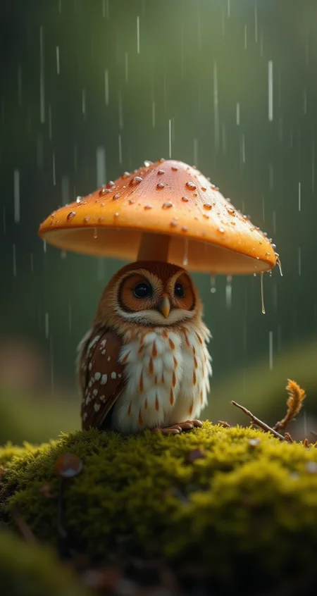 A photorealistic image with artistic enhancements captures a small, endearing owl sheltered beneath a vibrant, burnt-orange mushroom in the midst of a gentle rain shower, rendered in a style that merges Nature Photography, Whimsical Wildlife Art, and Bokeh Cinematography. The scene exudes a serene and slightly magical atmosphere, as the owl, with its soft brown and white mottled feathers, peers upward with a gentle, almost curious expression, seemingly content under its natural umbrella. The owl's feathers are delicately textured, each strand catching the soft, diffused light, which highlights their slightly damp appearance from the rain. The mushroom, with its smooth, glossy cap, stands tall and vibrant, its bright orange hue contrasting beautifully with the surrounding natural tones of green moss and soft brown feathers. The mushroom's cap curves gently, showing off its pale gills underneath, and provides just enough cover for the small owl, adding a whimsical touch to the composition. The rain, depicted as soft, vertical streaks, interacts with both the mushroom and the owl, creating tiny splashes and further enhancing the sense of a fresh, rainy forest scene. The ground, covered in lush, thick moss, ranges in color from deep forest green to lighter yellowish tones, with small leaves and twigs scattered throughout, adding detail and grounding the scene in a natural, earthy environment. The background, with its soft, blurred bokeh effect, shifts from dark greens and browns to lighter tones, creating depth and isolating the owl and mushroom, emphasizing their importance in the composition. The overall mood is peaceful and endearing, capturing a quiet moment in nature where even the smallest creatures find shelter and contentment amidst the elements.