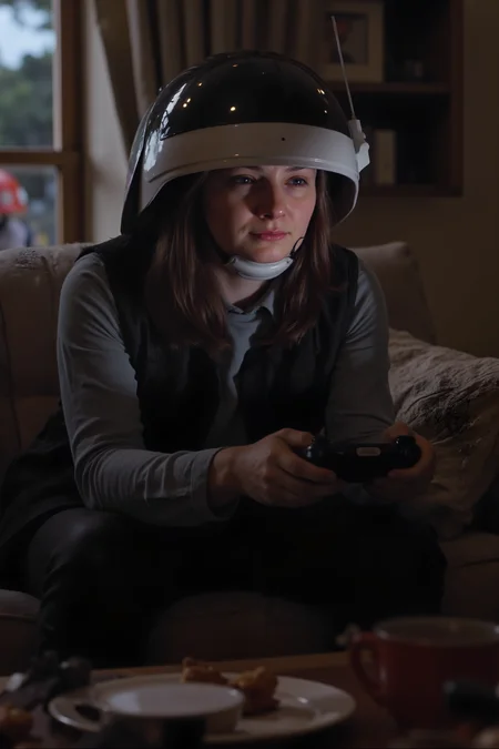 A hyper-realistic close-up of a female Rebel Trooper sitting in a cozy living room on a couch, trying to play a video game on a modern Earth console, her helmet on. Her face is lit up by the glow of the TV screen, and her hands fumble with the unfamiliar controller, her blaster leaning against the coffee table in front of her. The background shows a casual, relaxed home setting with soft lighting, snacks on the table, and a half-finished cup of coffee nearby. Realistic pixelated game characters are reflected in her wide eyes as she leans forward, completely engrossed in the game.<lora:REBEL_TROOPER_FLUX><lora:Flux DetailerV2><lora:aidmaMJ6.1-FLUX-V0.1:0.6><lora:Movie_Portrait>