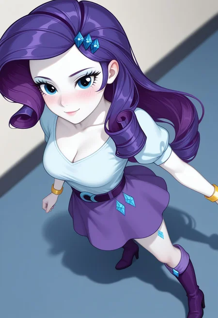 masterpiece, best quality, 
reishad, solo, 1girl, female focus, grown adult, 35 years old, light smile
BREAK
irl, realistic style, 
BREAK
detailed skin, detailed face, dynamic pose,  
BREAK,
medium breasts, sexy,  face focus,   
Rarity, mlp, show accurate, equestria girls, bracelet, purple hair, white skin, blue eyes, hair ornament high heel boots, jewelry, white top, cleavage, puff sleeves, belt, cutie mark purple skirt, purple boots,
 top view,
lidded eyes, score_9, score_8_up, score_7_up, source_anime, masterpiece, 1girl,  blushing, irl, realistic style,
 depth of field,  close up, face focus,
