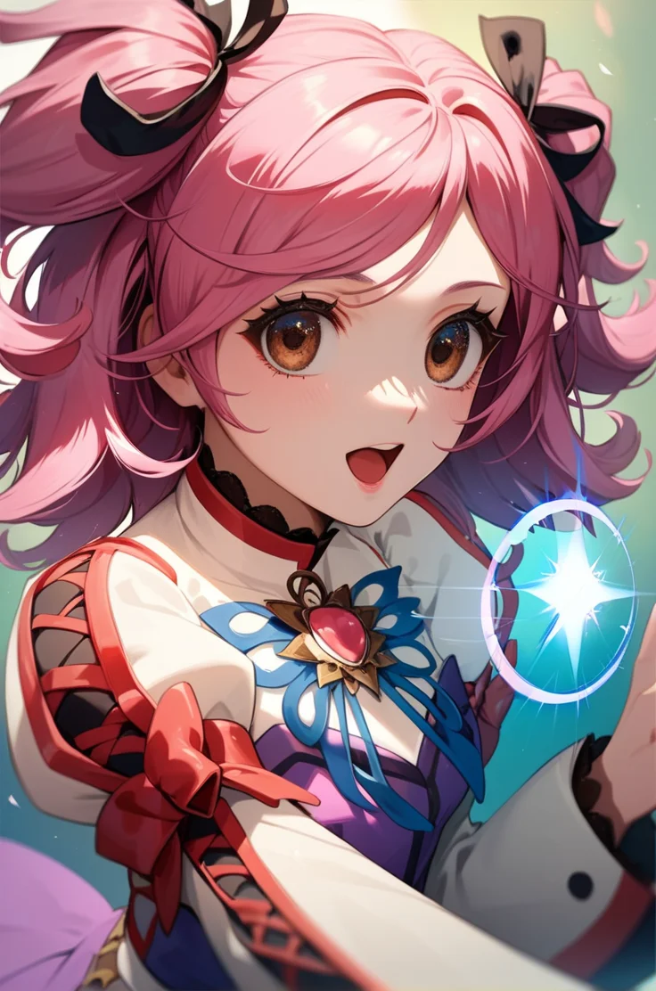 score_9, score_8_up, score_7_up, very aesthetic, source_anime, detailed, high quality, beautiful, masterpiece, detailed eyes,
<lora:lightXL:0.8>
simple background, blurry background,
upper body, close up, dynamic angle,
dynamic pose, open mouth, casting spell,
<lora:cheria_autismConfetti_v03:0.95>
cheria barnes, pink hair, brown eyes, twintails, two side up, medium hair,
thighhighs, brooch, long sleeves, puffy sleeves, purple skirt, jewelry, black thighhighs, white footwear, (wide sleeves:0.7), pleated skirt, laces,, zPDXL