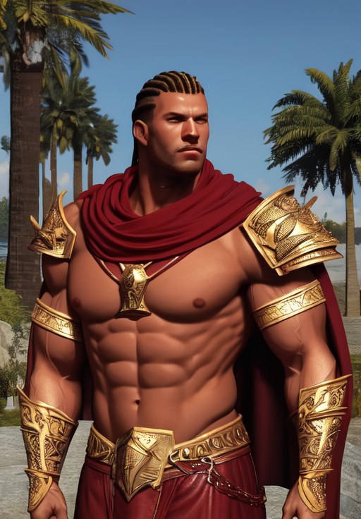 a man, <lora:Redguard-Male:0.8>, Redguard-Male, 1man, solo, upper body, shoulder armor, red cape,, Heroic, muscular, strong, ripped, chiseled, Adonis-like, powerful, sculpted, Inverted triangle body shape, (masterpiece, best quality, absurdres, detailed, ultra-detailed:1.3), glamorous