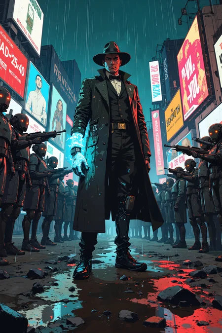 In the rain-slicked ruins of a futuristic city, a lone figure in a high-tech trench coat stands defiantly against a dozen robotic enforcers. His cybernetic arm crackles with blue energy, illuminating his scarred face beneath a wide-brimmed, old-fashioned hat. The neon billboards around him glitch, displaying conflicting messages from different time periodsâancient hieroglyphs flickering over retro â80s advertisements and futuristic stock tickers. His wristwatch, impossibly complex, shows multiple times at once, all counting down toward an inevitable climax. The rain falls in slow motion, each droplet refracting a different timeline as if the universe itself is fraying at the seams. The robots, sleek and expressionless, raise their plasma rifles, their red eyes locking onto him in eerie synchronization. His smirk is one of a man who has seen the end alreadyâand plans to change it. ,in the style of cksc,anime, cyberpunk, DB4RZ, DB4RZ style painting <lora:CPA:0.5><lora:FLUX-daubrez-DB4RZ:0.3><lora:Luminous_Shadowscape-000016:0.3><lora:ck-shadow-circuit-000021:0.35>