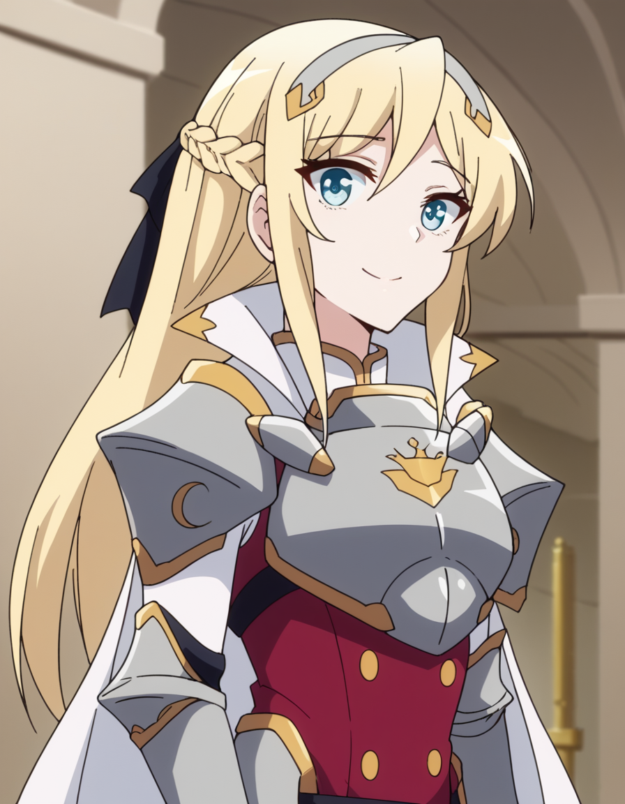 score_9, score_8_up, score_7_up, source_anime, <lora:hildegard-minas-lestia-s2-ponyxl-lora-nochekaiser:1>, hildegard minas lestia, long hair, blue eyes, blonde hair, braid, french braid,, thighhighs, cape, armor, shoulder armor, breastplate, gauntlets,, hospital room, bedside, get well flowers, comforting, quiet, smile, from side, looking at viewer, solo,, dutch angle, cowboy shot